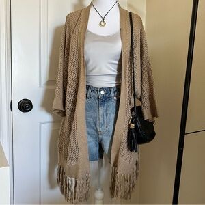 SOLD ‼️Lauren Ralph Lauren Tan Open-Knit Cardigan with Fringe
